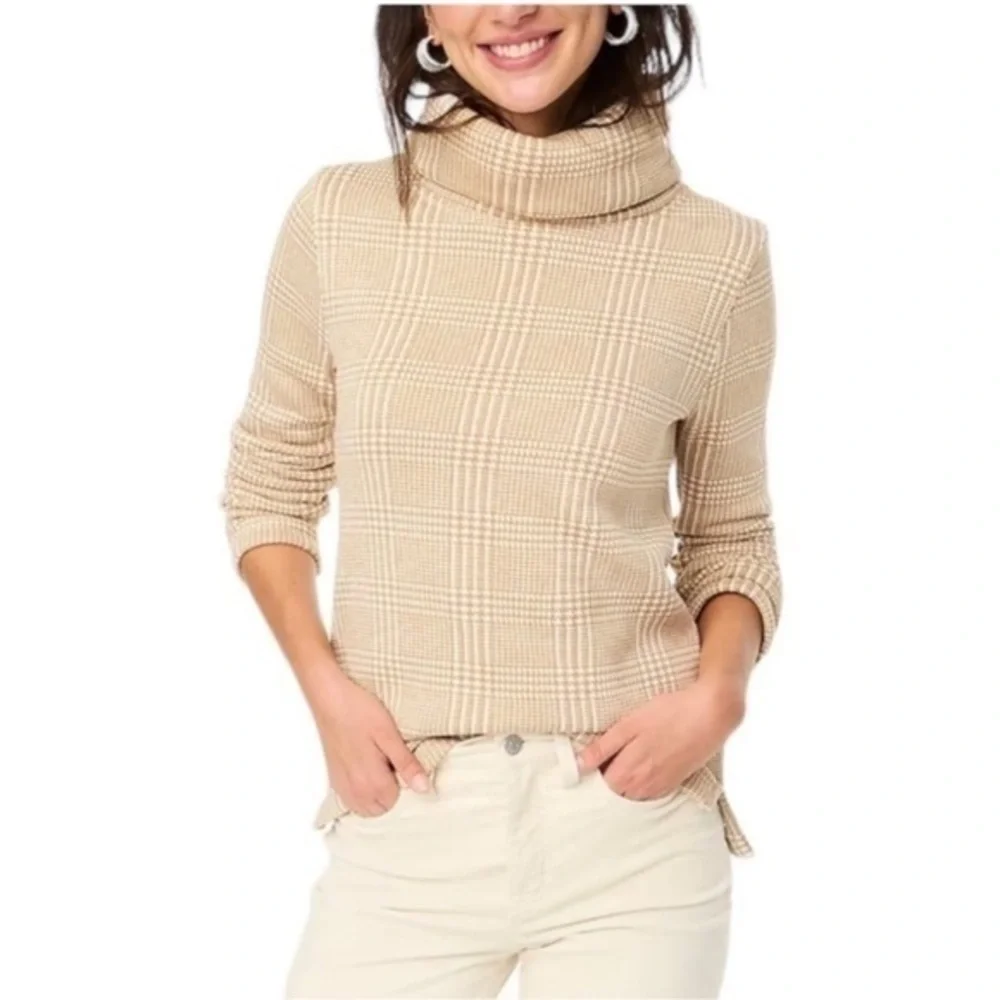 NWT J. Crew Houndstooth Plaid Fleece Funnel Neck Pullover Sweater Tan